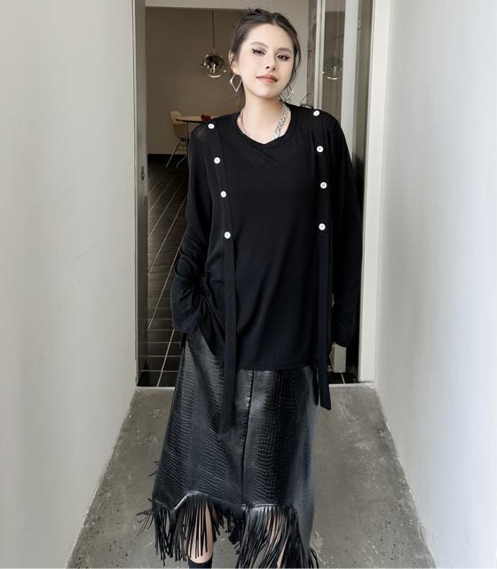 薄手 ニット カットソー  紐付きトップス スリット入り ブラック 大きいサイズ < 女性ファッション  薄手 ニット カットソー  紐付きトップス スリット入り ブラック 大きいサイズ < 女性ファッションの