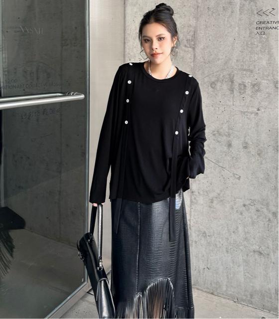 薄手 ニット カットソー  紐付きトップス スリット入り ブラック 大きいサイズ < 女性ファッション  薄手 ニット カットソー  紐付きトップス スリット入り ブラック 大きいサイズ < 女性ファッションの