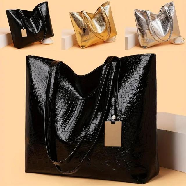 お買い得1490円★レディーストートバッグ 大容量 クロスボディ/ショルダーバッグ ジッパー付き エレガントなメタリック仕上げ黒 < 女性ファッション  お買い得1490円★レディーストートバッグ 大容量 クロスボディ/ショルダーバッグ ジッパー付き エレガントなメタリック仕上げ黒 < 女性ファッションの