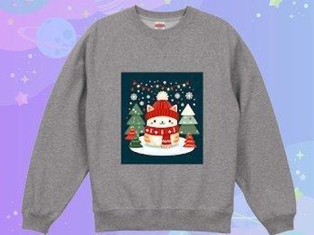 ラグランスリーブ クルーネック スウェット(裏パイル) XL ミックスグレー 猫 クリスマス 北欧 前 < 男性ファッション ラグランスリーブ クルーネック スウェット(裏パイル) XL ミックスグレー 猫 クリスマス 北欧 前 < 男性ファッションの