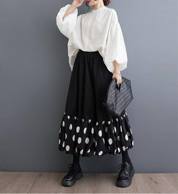 バルーン ロング丈 フレア ドット柄 切り替え スカート ブラック 大きいサイズ < 女性ファッション バルーン ロング丈 フレア ドット柄 切り替え スカート ブラック 大きいサイズ < 女性ファッションの