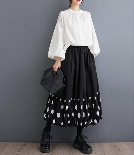 バルーン ロング丈 フレア ドット柄 切り替え スカート ブラック 大きいサイズ < 女性ファッション バルーン ロング丈 フレア ドット柄 切り替え スカート ブラック 大きいサイズ < 女性ファッションの