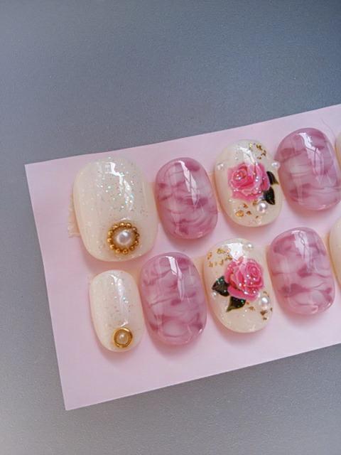 ジェルネイル.くすみピンクマーブル&薔薇.パール.ショート < 香水/コスメ/ネイル  ジェルネイル.くすみピンクマーブル&薔薇.パール.ショート < 香水/コスメ/ネイルの