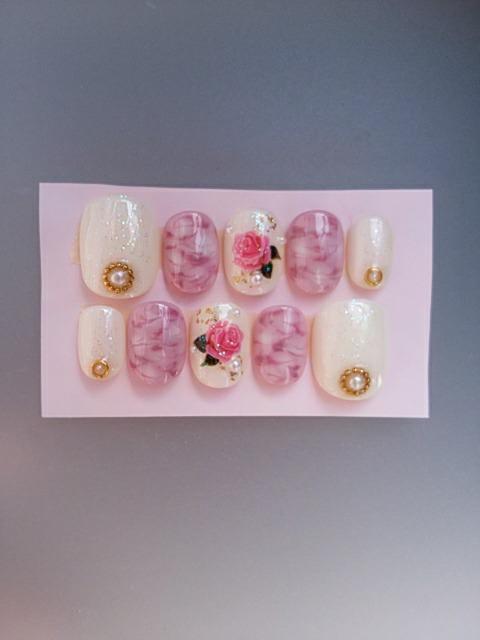 ジェルネイル.くすみピンクマーブル&薔薇.パール.ショート < 香水/コスメ/ネイル  ジェルネイル.くすみピンクマーブル&薔薇.パール.ショート < 香水/コスメ/ネイルの