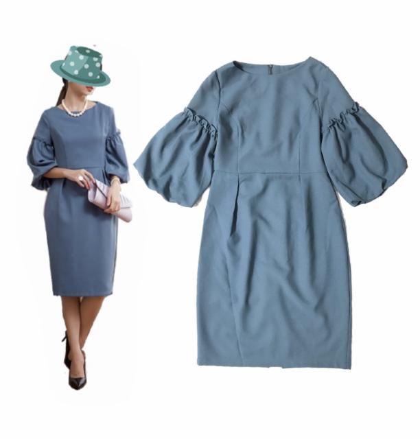 結婚式会食〓袖バルーン膝下ワンピースドレス〓ブルー(L)新品〓 < 女性ファッション 結婚式会食〓袖バルーン膝下ワンピースドレス〓ブルー(L)新品〓 < 女性ファッションの