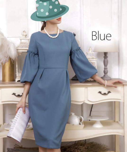 結婚式会食〓袖バルーン膝下ワンピースドレス〓ブルー(L)新品〓 < 女性ファッション 結婚式会食〓袖バルーン膝下ワンピースドレス〓ブルー(L)新品〓 < 女性ファッションの