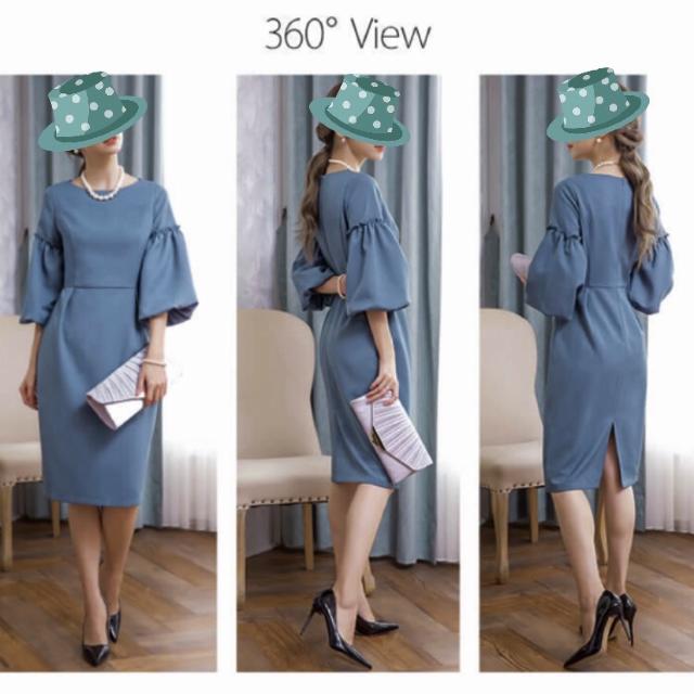 結婚式会食〓袖バルーン膝下ワンピースドレス〓ブルー(L)新品〓 < 女性ファッション 結婚式会食〓袖バルーン膝下ワンピースドレス〓ブルー(L)新品〓 < 女性ファッションの