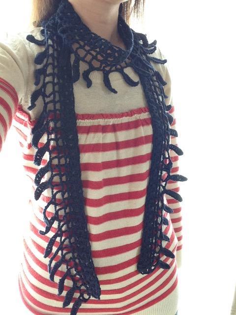 ♪手編み♪  葉っぱみたいな細めのストール    ネイビー < 女性ファッション  ♪手編み♪  葉っぱみたいな細めのストール    ネイビー  < 女性ファッションの