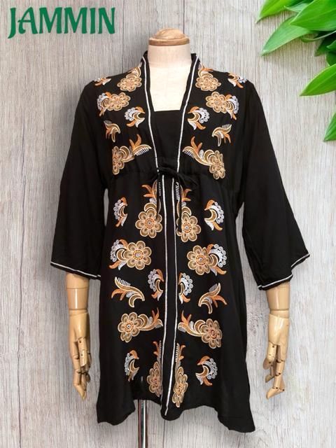 花刺繍入りチュニック 黒 アジアン エスニック ヒッピー < 女性ファッション  花刺繍入りチュニック 黒 アジアン エスニック ヒッピー  < 女性ファッションの