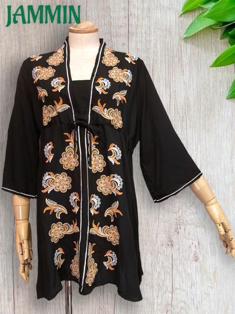 花刺繍入りチュニック 黒 アジアン エスニック ヒッピー < 女性ファッション  花刺繍入りチュニック 黒 アジアン エスニック ヒッピー < 女性ファッションの