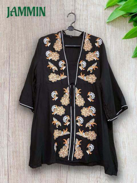 花刺繍入りチュニック 黒 アジアン エスニック ヒッピー < 女性ファッション  花刺繍入りチュニック 黒 アジアン エスニック ヒッピー < 女性ファッションの