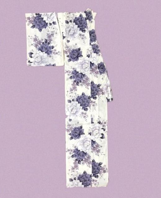 ユカタ浴衣〓白地に暗紫の花〓美品 < 女性ファッション ユカタ浴衣〓白地に暗紫の花〓美品 < 女性ファッションの