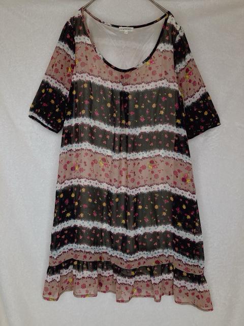 花柄 ボーダー シースル ゆったり Aライン 半袖 チュニック ワンピース L N2m < 女性ファッション  花柄 ボーダー シースル ゆったり Aライン 半袖 チュニック ワンピース L N2m  < 女性ファッションの