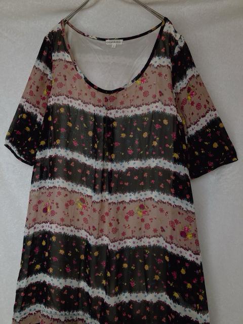 花柄 ボーダー シースル ゆったり Aライン 半袖 チュニック ワンピース L N2m < 女性ファッション  花柄 ボーダー シースル ゆったり Aライン 半袖 チュニック ワンピース L N2m < 女性ファッションの