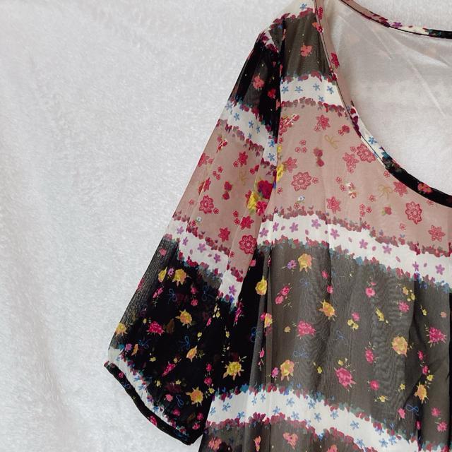 花柄 ボーダー シースル ゆったり Aライン 半袖 チュニック ワンピース L N2m < 女性ファッション  花柄 ボーダー シースル ゆったり Aライン 半袖 チュニック ワンピース L N2m < 女性ファッションの