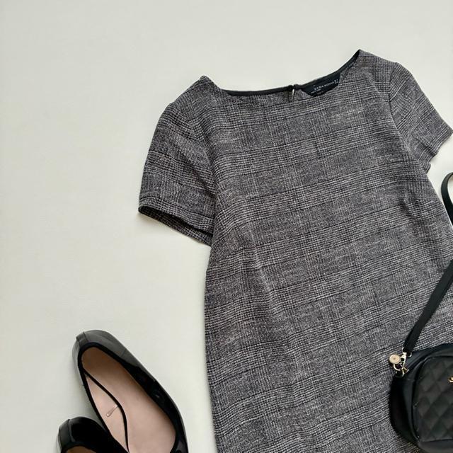 ◆美品◆ZARA◆ツイード半袖ワンピース◆膝丈◆チュニック◆黒◆ゆったり◆M < ブランド  ◆美品◆ZARA◆ツイード半袖ワンピース◆膝丈◆チュニック◆黒◆ゆったり◆M < ブランドの