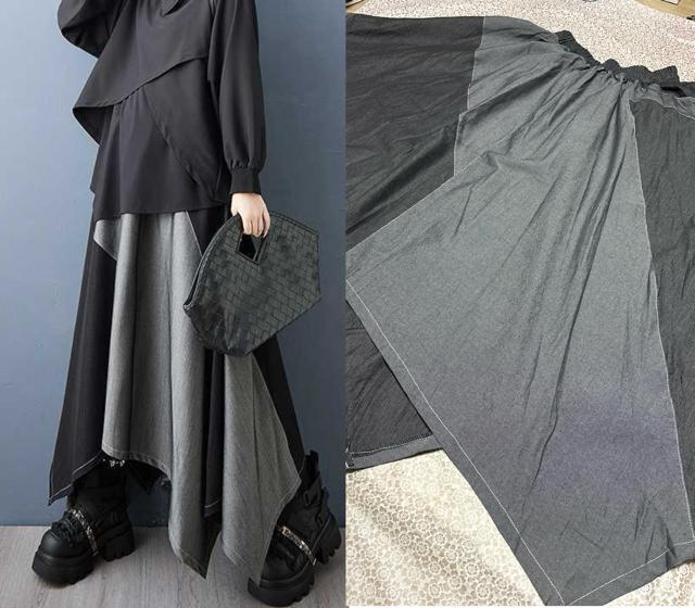 フレア アシメ デニム スカート グレー&ダークグレー 大きいサイズ < 女性ファッション フレア アシメ デニム スカート グレー&ダークグレー 大きいサイズ < 女性ファッションの