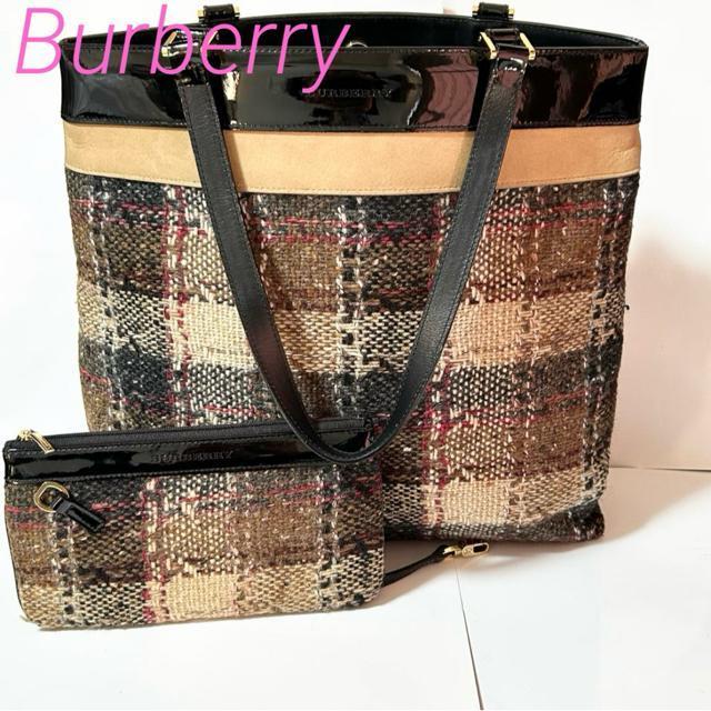 BURBERRY バーバリー ロゴ型押し チェック柄 ウール スエード カーフ レザー トートバッグ ポーチ付き < ブランド BURBERRY バーバリー ロゴ型押し チェック柄 ウール スエード カーフ レザー トートバッグ ポーチ付き < ブランドの
