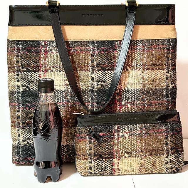 BURBERRY バーバリー ロゴ型押し チェック柄 ウール スエード カーフ レザー トートバッグ ポーチ付き < ブランド BURBERRY バーバリー ロゴ型押し チェック柄 ウール スエード カーフ レザー トートバッグ ポーチ付き < ブランドの