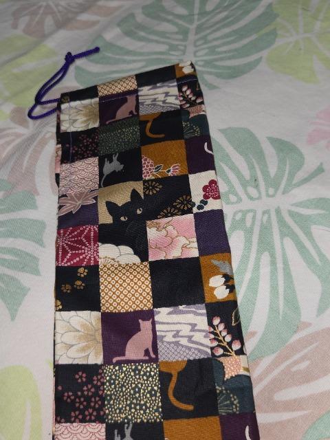 ★新柄濃紫黒市松模様×黒猫和柄リコーダー入れ巾着袋 < キッズ/ベビー  ★新柄濃紫黒市松模様×黒猫和柄リコーダー入れ巾着袋 < キッズ/ベビーの