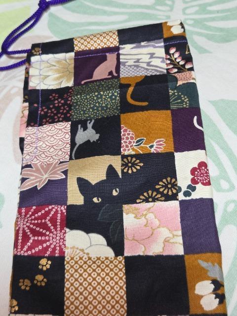 ★新柄濃紫黒市松模様×黒猫和柄リコーダー入れ巾着袋 < キッズ/ベビー  ★新柄濃紫黒市松模様×黒猫和柄リコーダー入れ巾着袋 < キッズ/ベビーの