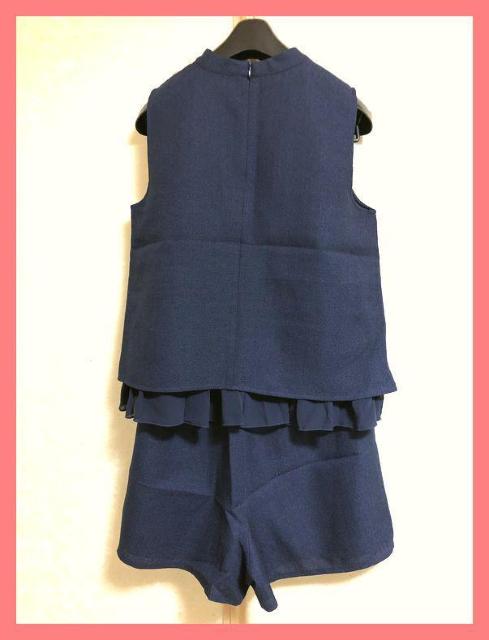 ☆新品☆フリンジフリルノースリーブ&ショートパンツセットアップ紺L☆ < 女性ファッション  ☆新品☆フリンジフリルノースリーブ&ショートパンツセットアップ紺L☆ < 女性ファッションの