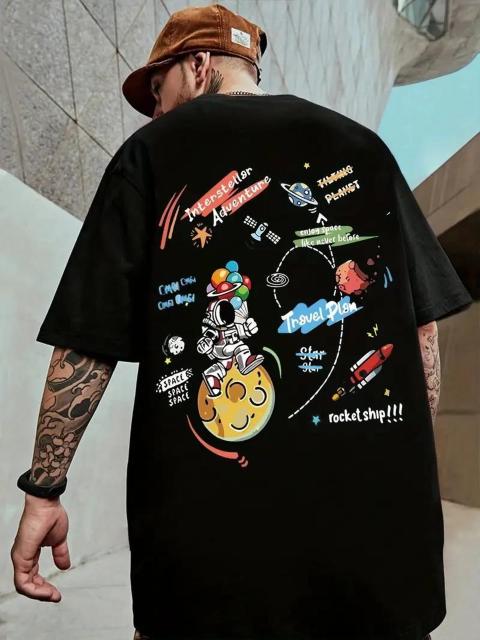 爆ヤス価格1190円★コットン宇宙探査キャラクタープリントルーズ半袖Tシャツ 日本サイズL ブラック < 男性ファッション  爆ヤス価格1190円★コットン宇宙探査キャラクタープリントルーズ半袖Tシャツ 日本サイズL ブラック  < 男性ファッションの