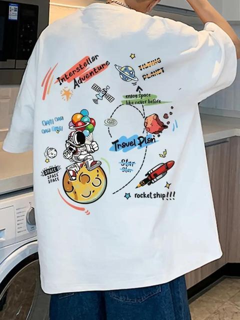 爆ヤス価格1190円★コットン宇宙探査キャラクタープリントルーズ半袖Tシャツ 日本サイズL ブラック < 男性ファッション  爆ヤス価格1190円★コットン宇宙探査キャラクタープリントルーズ半袖Tシャツ 日本サイズL ブラック < 男性ファッションの