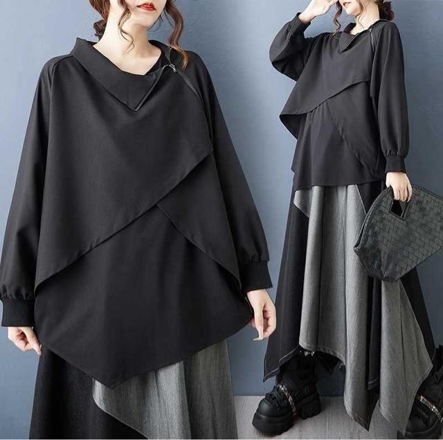 アシメ ジップ カットソー 異素材 リブ付き ブラック 大きいサイズ < 女性ファッション アシメ ジップ カットソー 異素材 リブ付き ブラック 大きいサイズ < 女性ファッションの