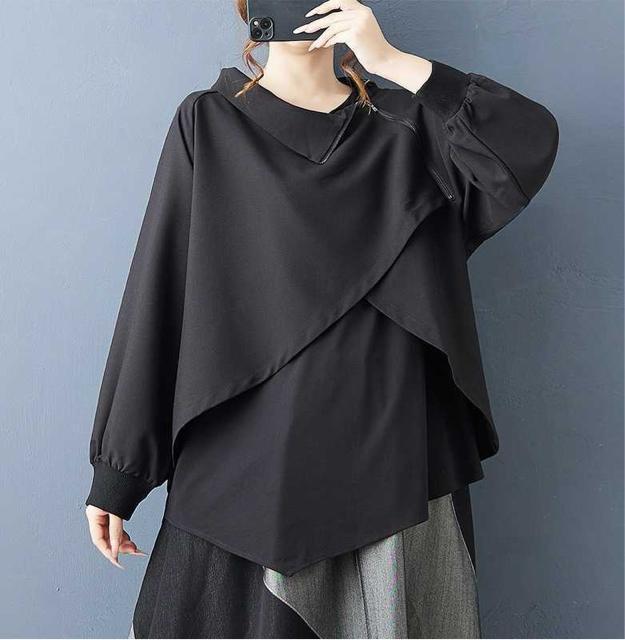 アシメ ジップ カットソー 異素材 リブ付き ブラック 大きいサイズ < 女性ファッション アシメ ジップ カットソー 異素材 リブ付き ブラック 大きいサイズ < 女性ファッションの