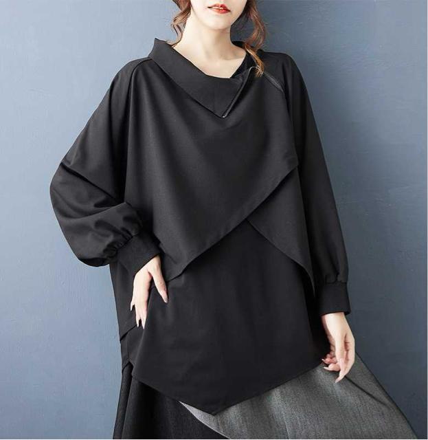 アシメ ジップ カットソー 異素材 リブ付き ブラック 大きいサイズ < 女性ファッション アシメ ジップ カットソー 異素材 リブ付き ブラック 大きいサイズ < 女性ファッションの