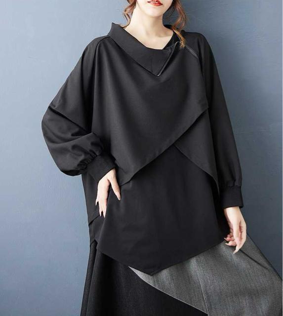 アシメ ジップ カットソー 異素材 リブ付き ブラック 大きいサイズ < 女性ファッション アシメ ジップ カットソー 異素材 リブ付き ブラック 大きいサイズ < 女性ファッションの