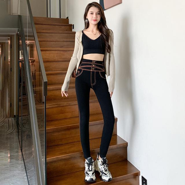 スキニー レギンス スパッツ 飾りボタン付き ペイント柄 オレンジ 大きいサイズ < 女性ファッション スキニー レギンス スパッツ 飾りボタン付き ペイント柄 オレンジ 大きいサイズ < 女性ファッションの