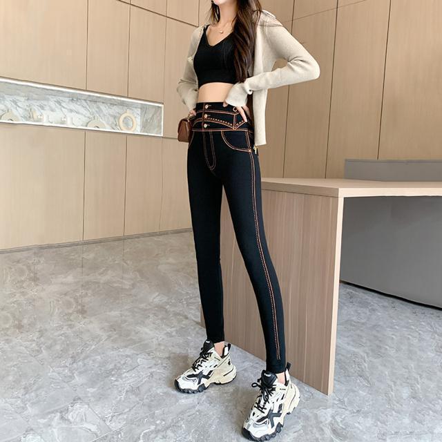 スキニー レギンス スパッツ 飾りボタン付き ペイント柄 オレンジ 大きいサイズ < 女性ファッション スキニー レギンス スパッツ 飾りボタン付き ペイント柄 オレンジ 大きいサイズ < 女性ファッションの