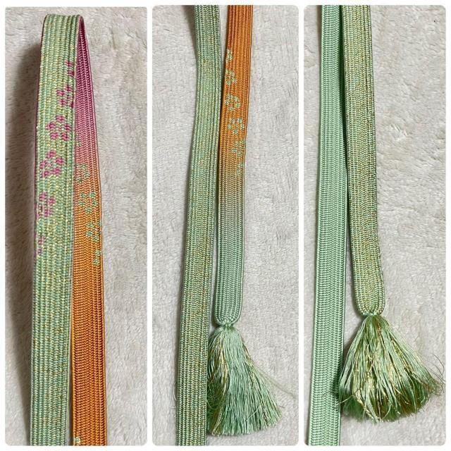 帯締め 帯揚げセット 緑 グリーン系 花柄 平組 高麗 < 女性ファッション 帯締め 帯揚げセット 緑 グリーン系 花柄 平組 高麗 < 女性ファッションの