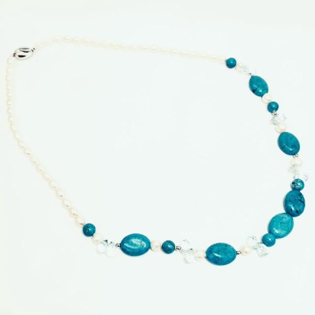 美品 SV925 トルコ石 ブルートパーズ 淡水パール ネックレス 約62cm < 女性アクセサリー/時計 美品 SV925 トルコ石 ブルートパーズ 淡水パール ネックレス 約62cm < 女性アクセサリー/時計の