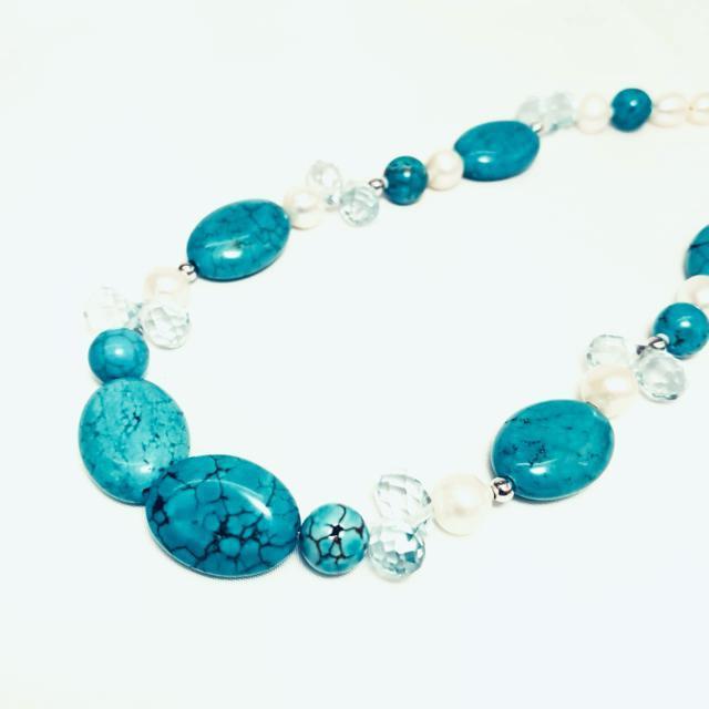 美品 SV925 トルコ石 ブルートパーズ 淡水パール ネックレス 約62cm < 女性アクセサリー/時計 美品 SV925 トルコ石 ブルートパーズ 淡水パール ネックレス 約62cm < 女性アクセサリー/時計の