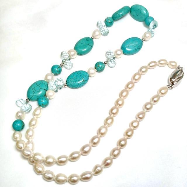 美品 SV925 トルコ石 ブルートパーズ 淡水パール ネックレス 約62cm < 女性アクセサリー/時計 美品 SV925 トルコ石 ブルートパーズ 淡水パール ネックレス 約62cm < 女性アクセサリー/時計の