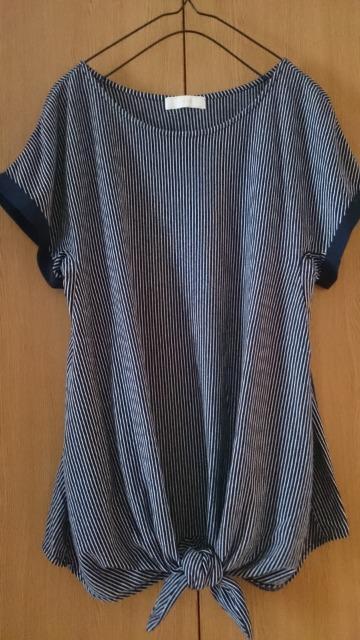 anySiS☆ピンストライプ裾結びトップス★バック 袖 シフォン切替☆ネイビー系★ < 女性ファッション  anySiS☆ピンストライプ裾結びトップス★バック 袖 シフォン切替☆ネイビー系★ < 女性ファッションの