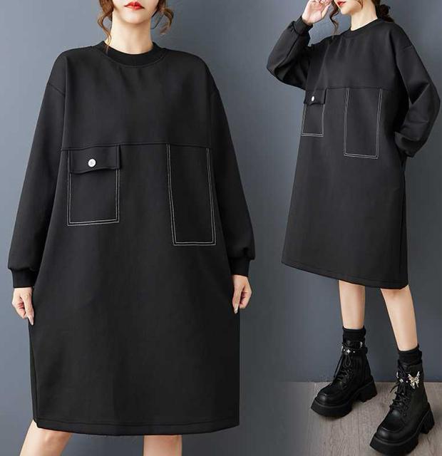 ひざ丈 ワンピース 厚手 リブ付き チュニック ブラック 大きいサイズ < 女性ファッション ひざ丈 ワンピース 厚手 リブ付き チュニック ブラック 大きいサイズ < 女性ファッションの