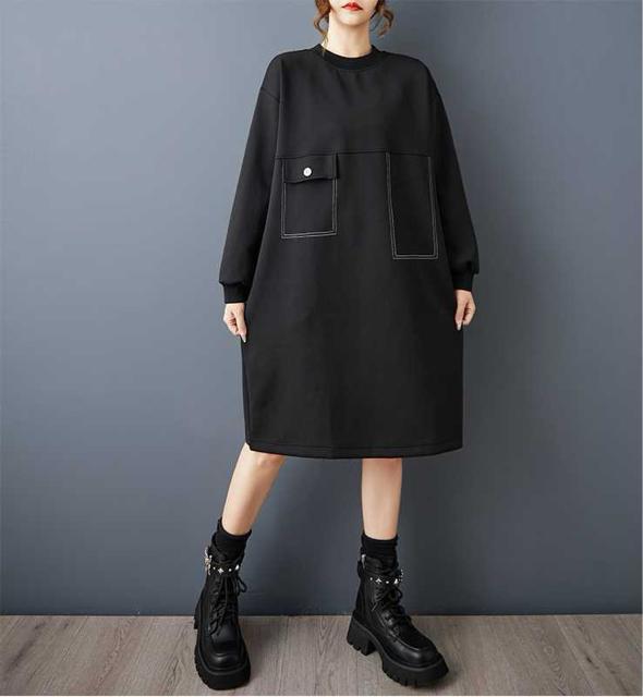 ひざ丈 ワンピース 厚手 リブ付き チュニック ブラック 大きいサイズ < 女性ファッション ひざ丈 ワンピース 厚手 リブ付き チュニック ブラック 大きいサイズ < 女性ファッションの