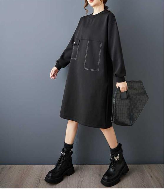 ひざ丈 ワンピース 厚手 リブ付き チュニック ブラック 大きいサイズ < 女性ファッション ひざ丈 ワンピース 厚手 リブ付き チュニック ブラック 大きいサイズ < 女性ファッションの