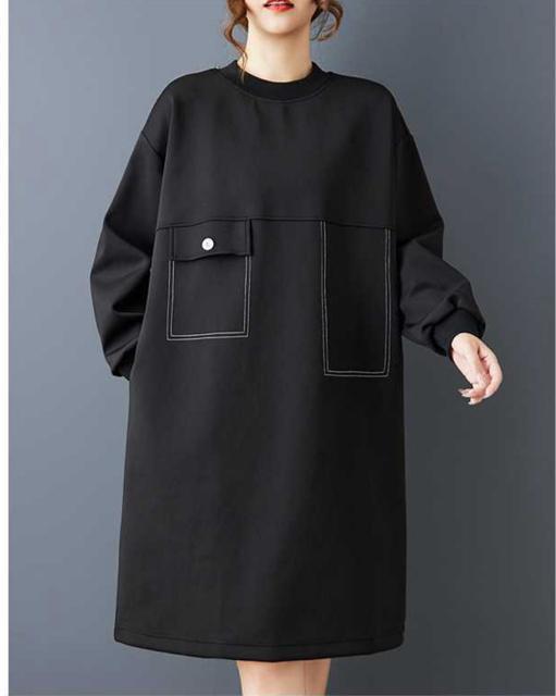 ひざ丈 ワンピース 厚手 リブ付き チュニック ブラック 大きいサイズ < 女性ファッション ひざ丈 ワンピース 厚手 リブ付き チュニック ブラック 大きいサイズ < 女性ファッションの