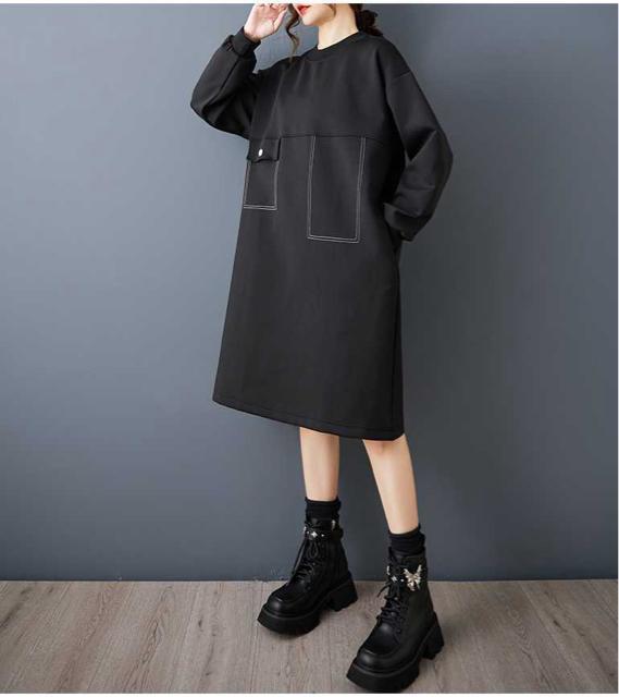 ひざ丈 ワンピース 厚手 リブ付き チュニック ブラック 大きいサイズ < 女性ファッション ひざ丈 ワンピース 厚手 リブ付き チュニック ブラック 大きいサイズ < 女性ファッションの