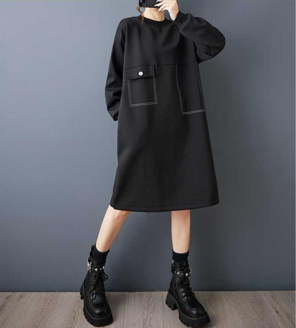 ひざ丈 ワンピース 厚手 リブ付き チュニック ブラック 大きいサイズ < 女性ファッション ひざ丈 ワンピース 厚手 リブ付き チュニック ブラック 大きいサイズ < 女性ファッションの