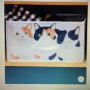 フェリシモ猫部・香箱座りブチ柄猫イラスト収納ボックス。