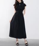 ブラックシフォンフリルロングワンピースオケージョンパーティー結婚式黒体型カバー