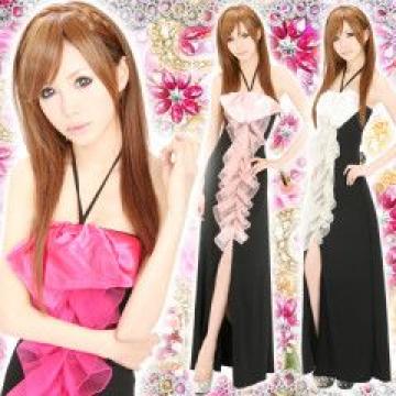 キャバ.お水.ゴージャス.Sexy♪BIGリボンフリル ロングドレス ブラック×ライトイエロー