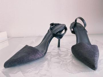 EMODABLACKエモダブラックラメグリッターアンクルストラップポインテッドトゥパンプスサンダル黒靴