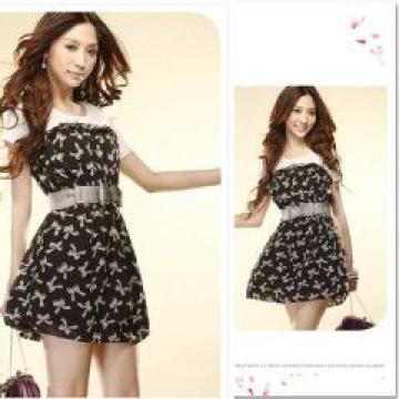 可愛い 脚長効果♪リボンプリント シフォンレイヤード ハイウエスト Aラインワンピ